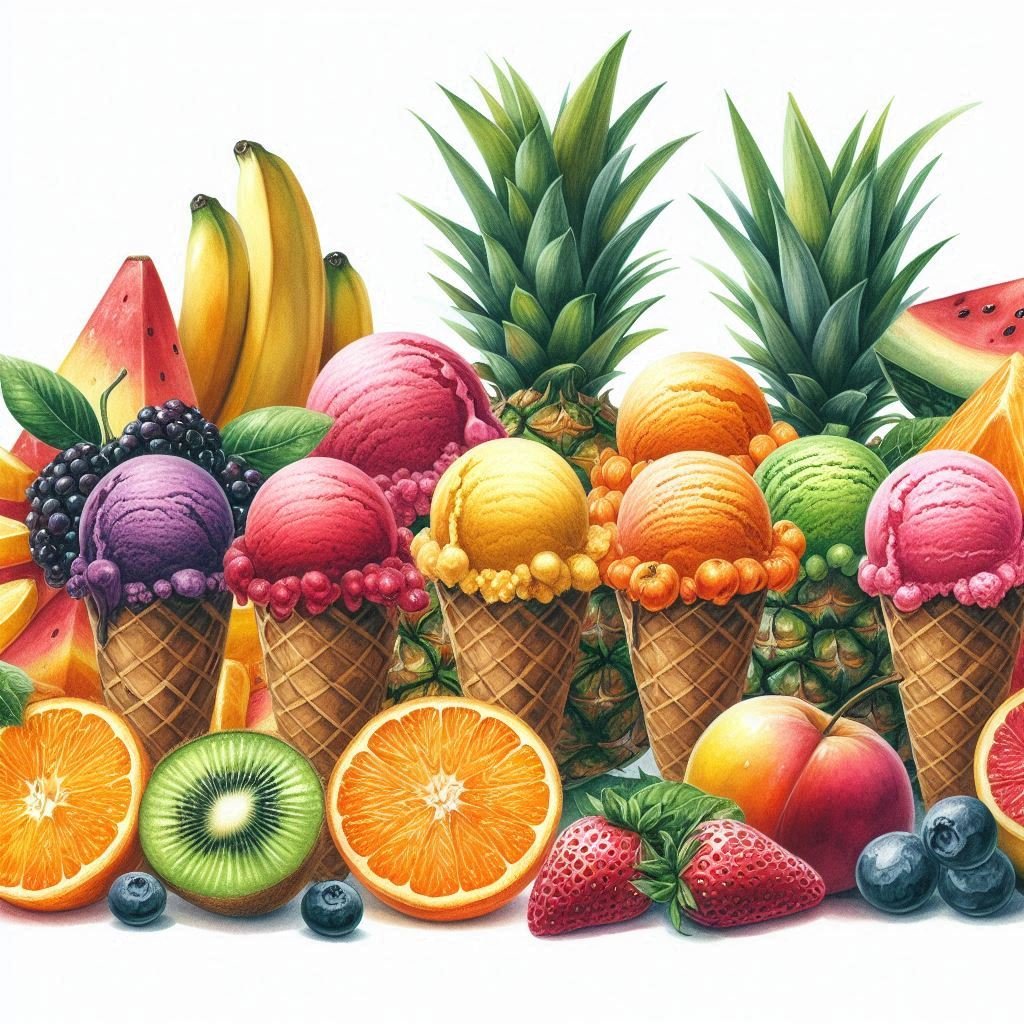 Helado de frutas tropicales en conos