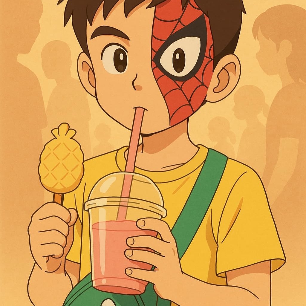 niño anime tomando un batido y aguatando un helado con forma de piña en la otra mano