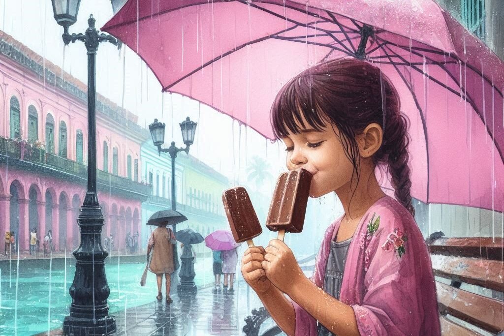 Niña comiendo helado bajo un aguacero en clima veraniego